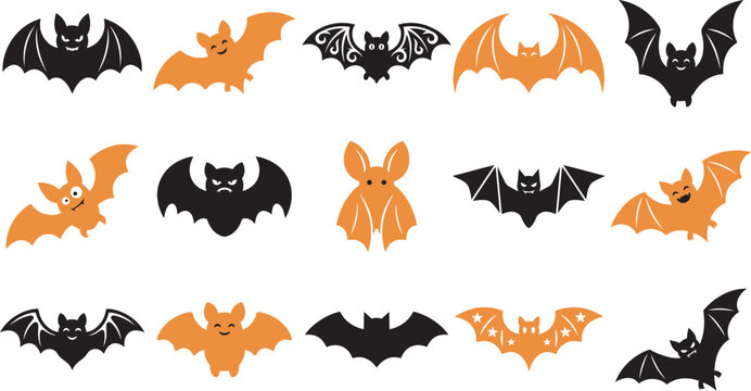 A collection of various bat silhouettes for a spooky halloween vector illustration design set on white background