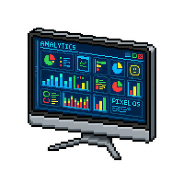 Pixel art computer monitor displaying detailed analytics dashboard with colorful diagrams.