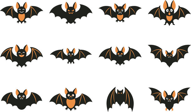 A collection of cute bat characters in a festive halloween vector illustration set for spooky holiday design projects