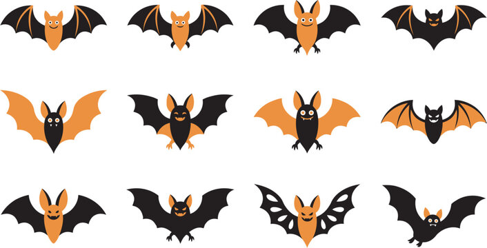 A collection of cute bats in a halloween vector illustration style featuring orange and black festive seasonal designs