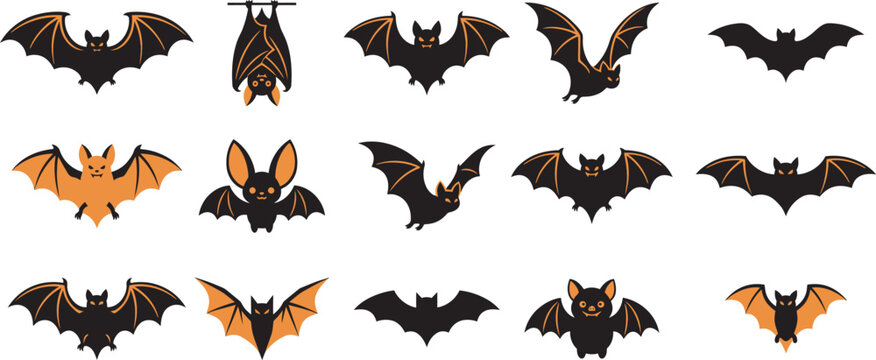 Set of various bats in flight and hanging poses for a spooky halloween vector illustration design project