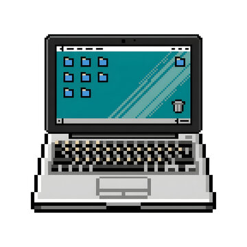 Front view open laptop pixel art showing operating system desktop with folders and trash can.