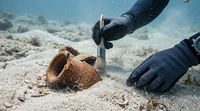 Diving in clear waters to uncover ancient pottery pieces from the sea floor at a historical site near a coastal area