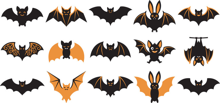 Set of various flying bats for a spooky halloween vector illustration featuring black and orange decorative creature designs