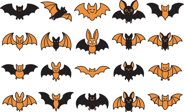 Set of cute flying bats for halloween vector illustration featuring various hand drawn orange and black creature designs