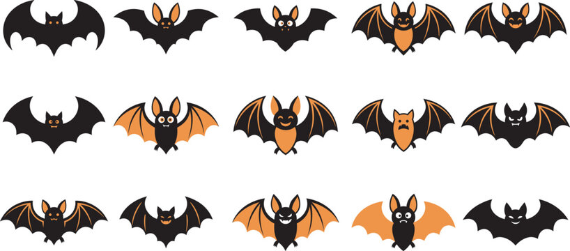 Set of cute flying bats for halloween vector illustration featuring various spooky creatures with orange and black wings