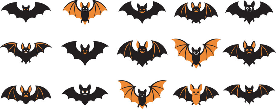 A collection of various bat silhouettes for a spooky halloween vector illustration featuring different flying poses and styles