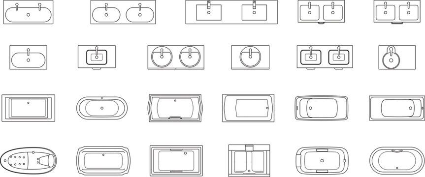 Bathroom vanity and bathtub collection, blueprint, line art, top view, floor plan, architectural elements, symbol, editable stroke, vector
