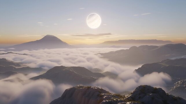 Misty mountain landscape at dawn with a luminous planet in the sky