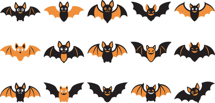 A collection of cute bat characters for a festive halloween vector illustration set on a white background