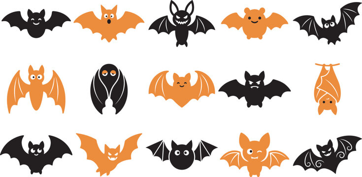 A collection of cute bats in a halloween vector illustration featuring black and orange spooky creatures for holiday design