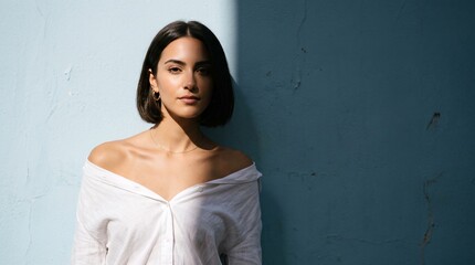 Fototapeta premium Serene woman in white off shoulder shirt against blue wall