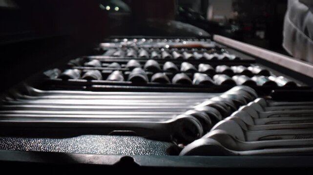 A large set of spanners of various sizes in a pull-out drawer at a car repair workshop 
