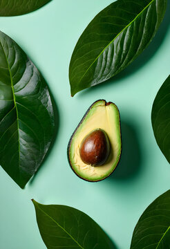 Fresh avocado half with pit and green leaves on a light green background, healthy eating and nutrition