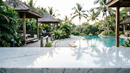 Fototapeta premium Luxury Resort Pool with Marble Counter and Tropical Garden for Web Design