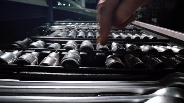 A mechanic opens a pull-out cabinet containing a set of tools for repairing a car. Macro. Close-up 