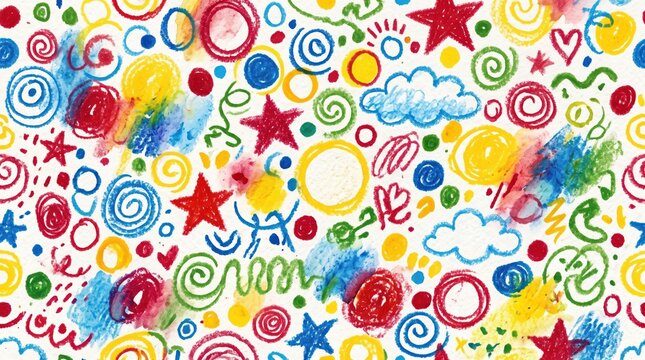 Seamless colorful hand drawn crayon pattern with playful stars circles spirals and clouds on white paper, cheerful kidlike abstract repetitive texture and shapes