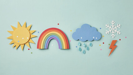 Obraz premium Colorful paper cutouts of weather symbols including sun, rainbow, rain cloud, snowflake, and lightning bolt on a blue background