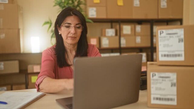Woman touches temple with finger while checking laptop screen and stacked shipping boxes in a small business packing area inside a building; business concern.