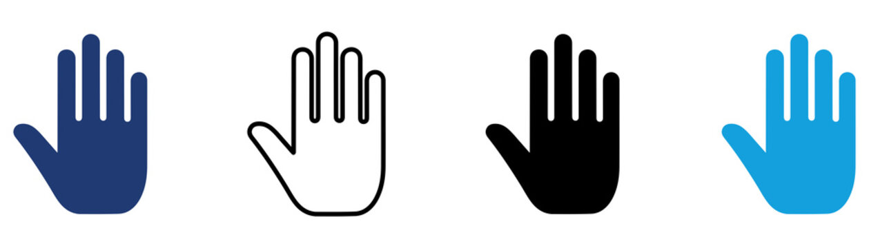 Multicolor Raised Hand Icon Set with Filled and Outline Styles for Stop Gesture Volunteer Participation Voting Attention and Human Communication Isolated on Transparent Background