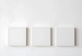 Fototapeta premium Three blank white square canvases hanging on a clean white wall, minimalist art display and gallery concept, this setup provides ample copy space for various design and presentation needs
