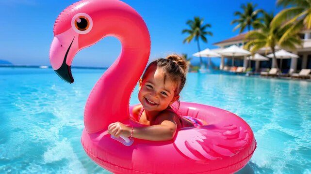 Young girl smiling while floating on flamingo in swimming pool  