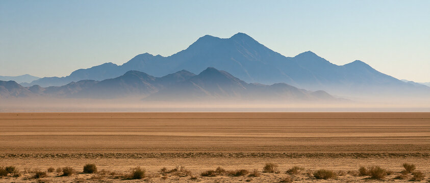 Rocky desert landscape with mountain range panorama, arid wilderness terrain, cactus and hiking trails under blue sky