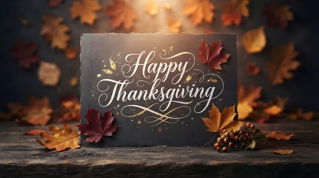 A beautiful rustic chalkboard sign with elegant white calligraphy text that says happy thanksgiving surrounded by vibrant autumn leaves on a dark wooden table background