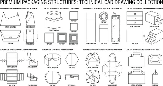 Technical Packaging CAD Drawing Collection with Box Dielines and Structural Packaging Design Templates