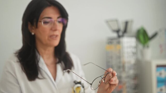 Woman optician wearing glasses holding eyeglasses with hands while explaining lens options in a building optician clinic; reassurance expertise.