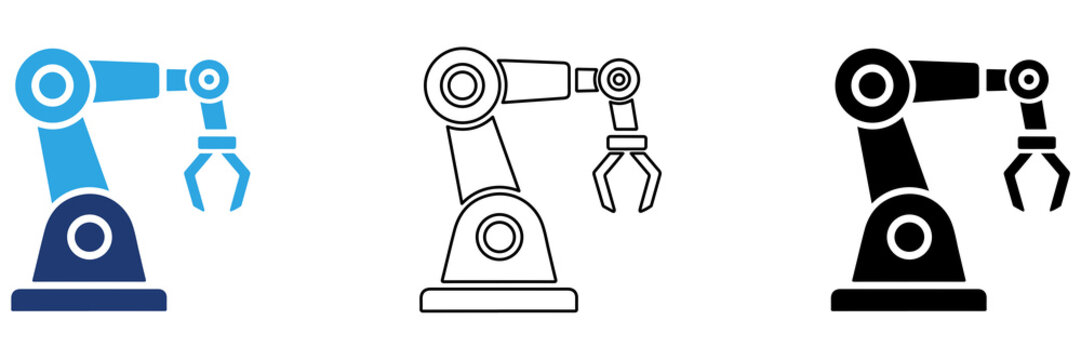 Multicolor Robotic Arm Icon Set with Filled and Outline Styles for Industrial Robot Automation Manufacturing Factory Engineering and Production Isolated on Transparent Background