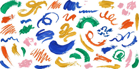 Colorful Abstract Brush Strokes: A vibrant collection of hand-painted abstract brush strokes and doodles in various shapes and bright colors, perfect for graphic design and artistic projects. © Maznu