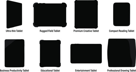 Black Silhouette Vector Set of Modern Tablet Devices for Technology and Digital Design Projects © MdShaheen