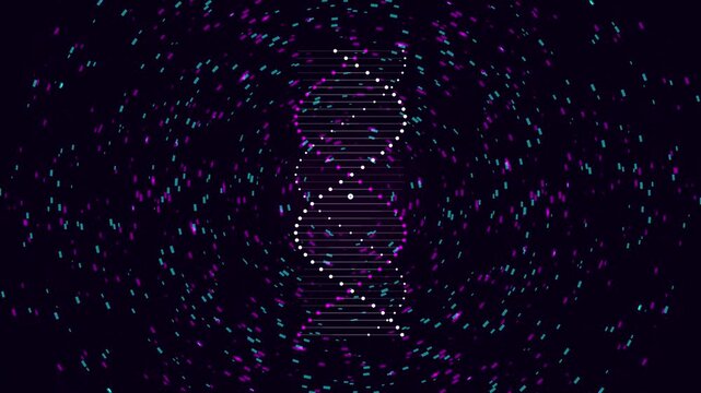 Abstract digital representation of a DNA double helix model with glowing white nodes and lines, surrounded by circular swirls of purple and teal particle elements on a black background.