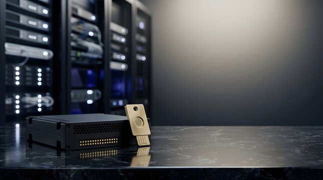 Modern server hardware components displayed in a professional data center environment with rack cabinets in background