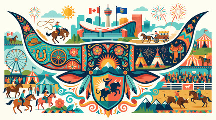 Naklejka premium Calgary Stampede Festival Illustration - Rodeo, Cityscape, Western Culture