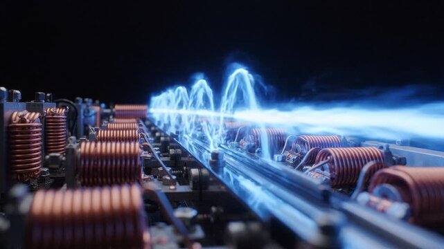 Magnetic coil gun firing a blue plasma beam. Electromagnetic railgun discharging energy pulse. Industrial science experiment with physics and electrical engineering.