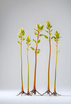 Five mangrove propagules with green leaves and visible roots, Environmental conservation and reforestation