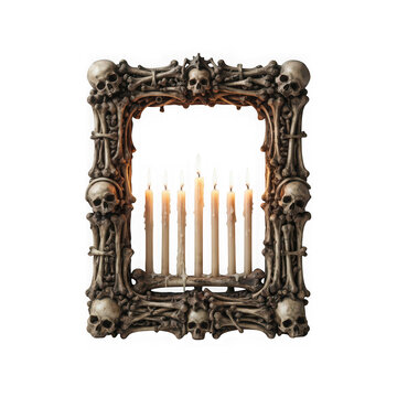 Gothic skull and bone picture frame with candles isolated on transparent background