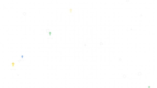 Abstract motion background featuring colorful upward arrows, triangles, and squares on a subtle white grid texture, representing financial growth, success, and data progress.