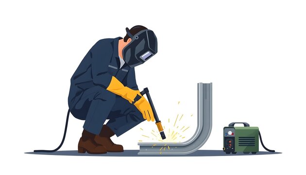 Welder working vector illustration, protective mask, bright sparks, isolated white background.
