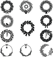 Fototapeta premium Collection Of Christmas Wreaths Black Silhouette On White Background wreath