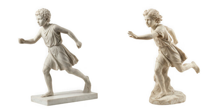 Two classical marble statues of a running boy isolated on transparent background
