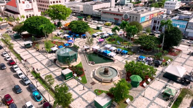 Drone view passing over the town square and Catedral Dulce Nombre de Jes&uacute;s, Caguas, Puerto Rico