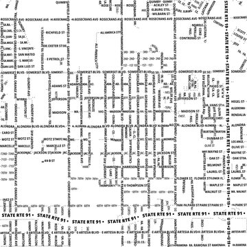 Typographic Map of the City Paramount (California, USA) showing the city center only with street names