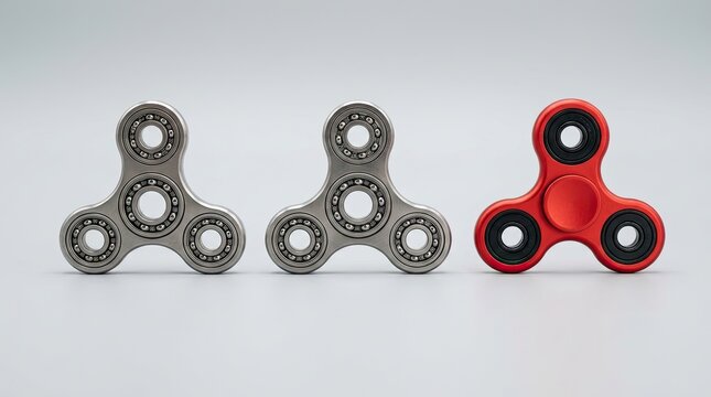 Close-up of three modern hand spinners, two silver and one red, arranged on a light gray background, popular fidget toys for stress relief and focus.