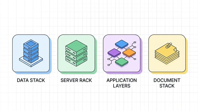Isometric Technology Icons: Data Stack, Server Rack, Application Layers, and Document Management for Business Concepts