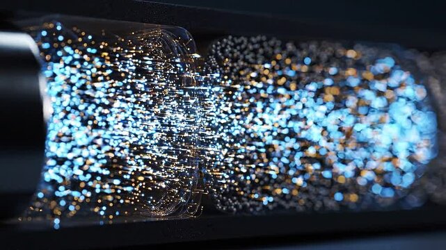 Glowing blue particles flowing through a transparent tube. Scientific visualization of fluid dynamics and data transmission. Motion of sparkling light in channel.