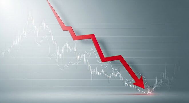 Red downward arrow on a financial graph illustrating economic recession, market decline, business loss, and financial crisis