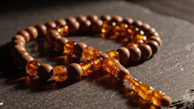 Wooden and amber prayer bead rosary on dark stone surface. Traditional tasbih for meditation or islamic prayer. Close up view of religious accessory on table.